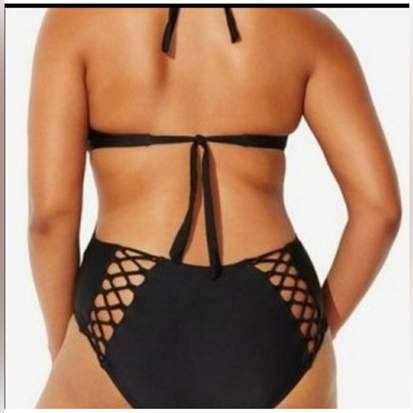 Ashley Graham Black One Piece Swimsuit with Halter Neck Lace-Up cut out 8 - Picture 2 of 6